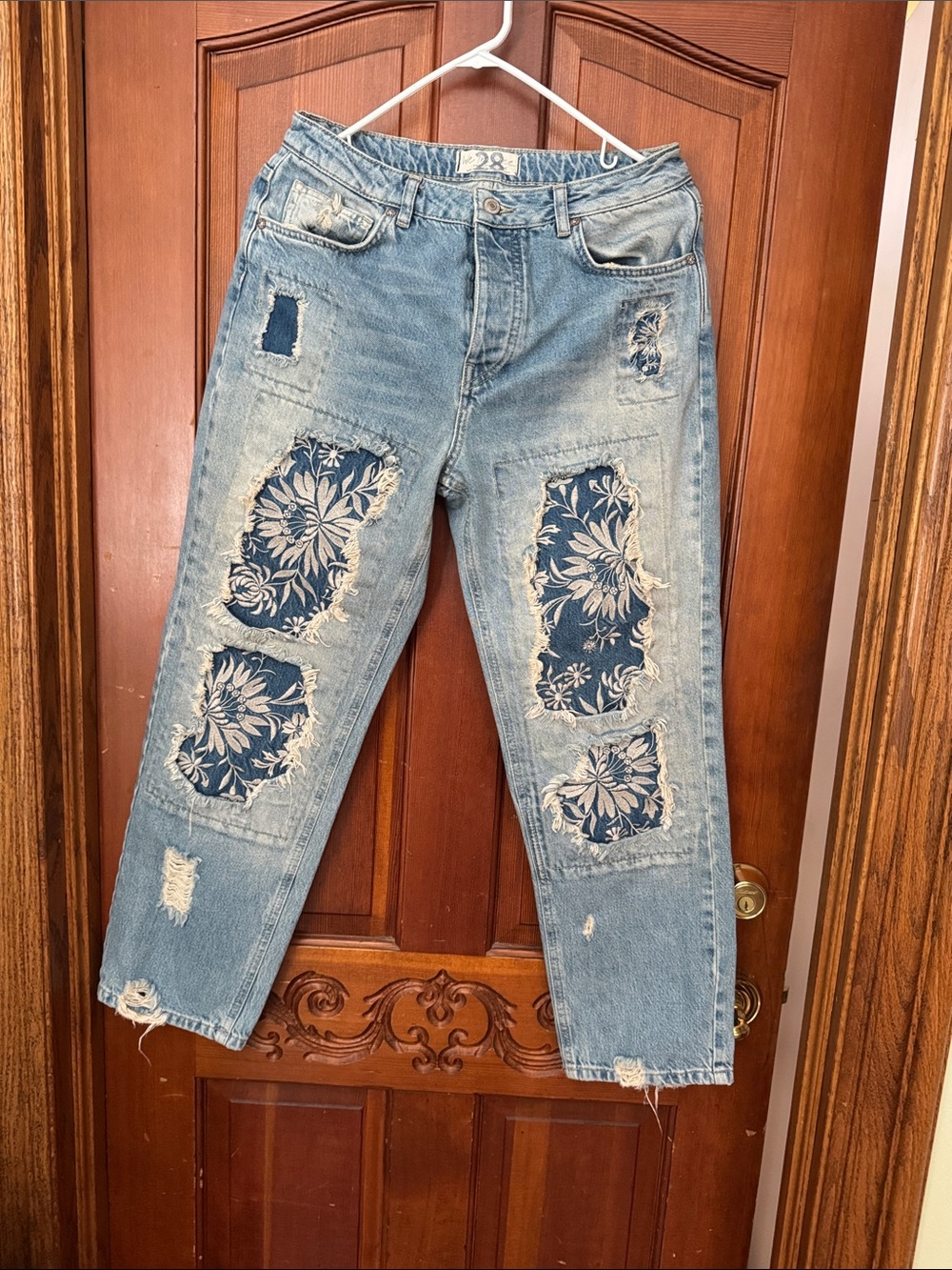 We the Free Relaxed Light Blue Denim Jeans with Navy Floral Patchwork
